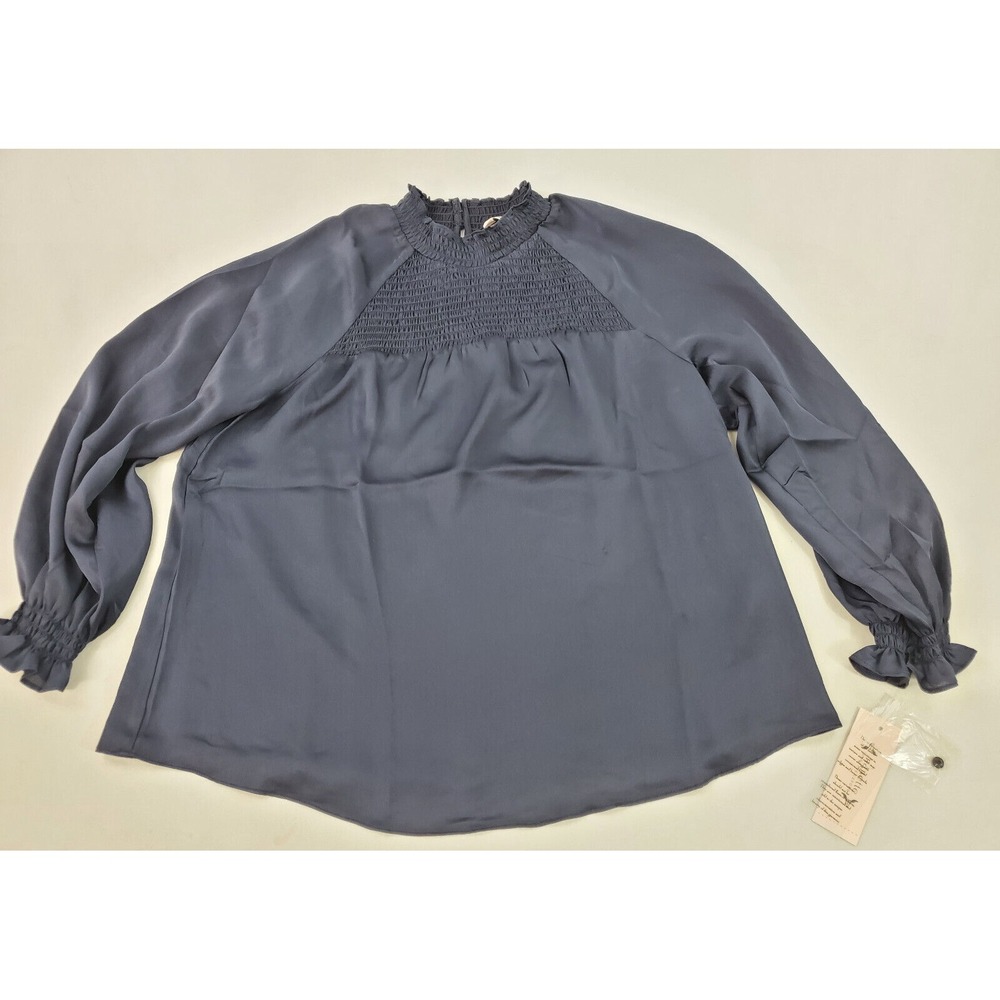 Nanette Lepore Navy Smocked High Neck Balloon Sleeve Blouse TW2H19X33 Medium